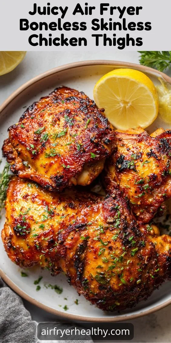 Juicy air fryer boneless skinless chicken thighs cooked to perfection