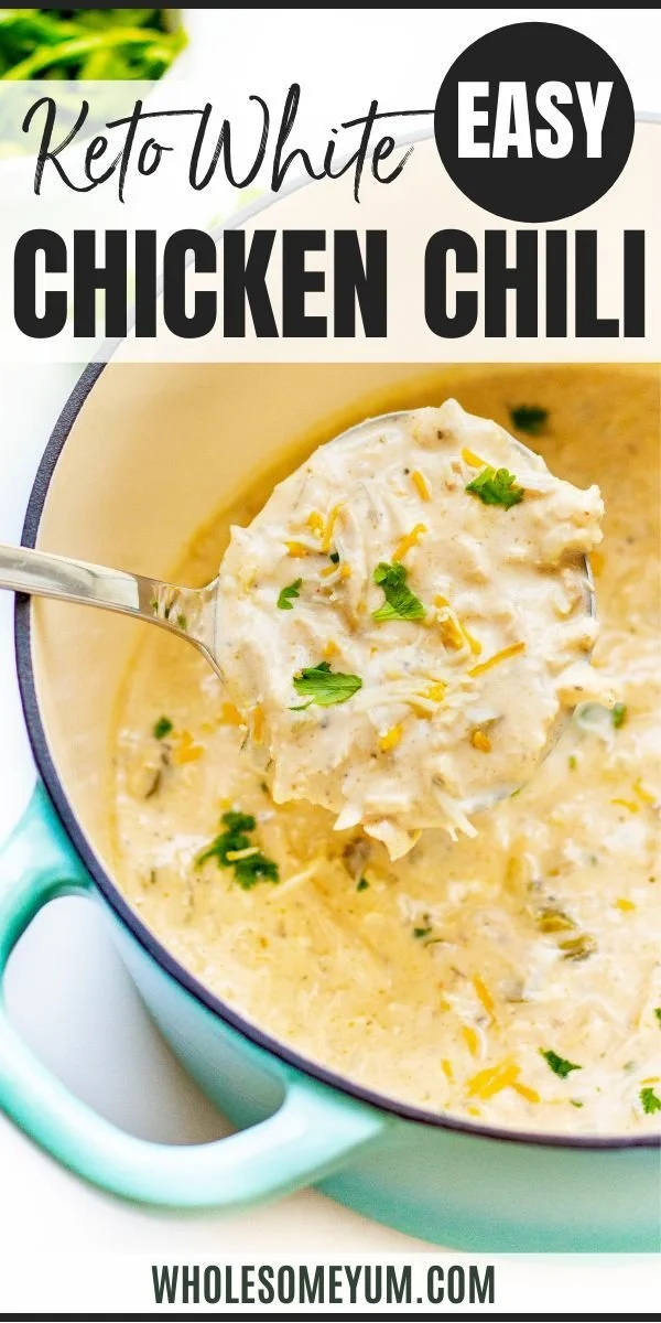 Bowl of Keto White Chicken Chili garnished with cilantro and sliced jalapenos.