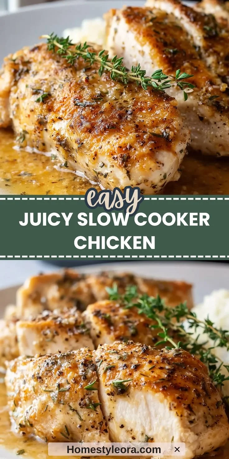 Juicy slow cooker chicken breast plated with vegetables and herbs