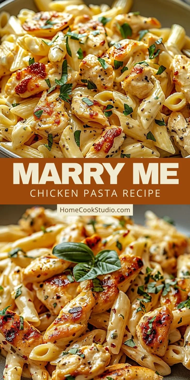 Creamy Marry Me Chicken Pasta dish served with garnishes on a rustic table.