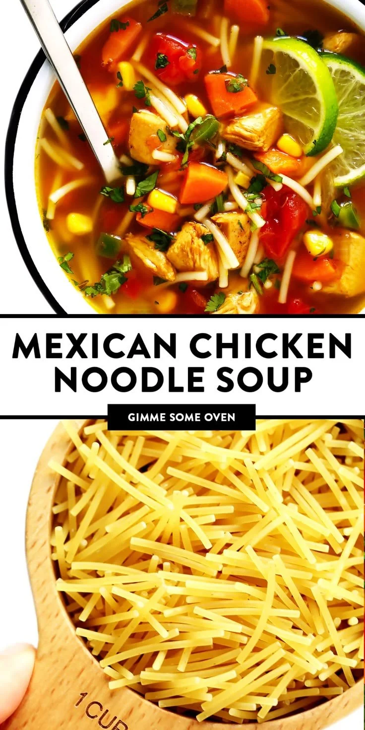 Bowl of Mexican Chicken Noodle Soup with herbs and spices