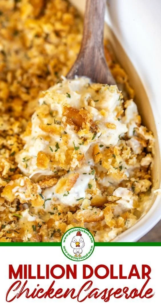 Delicious Million Dollar Chicken Casserole served in a baking dish