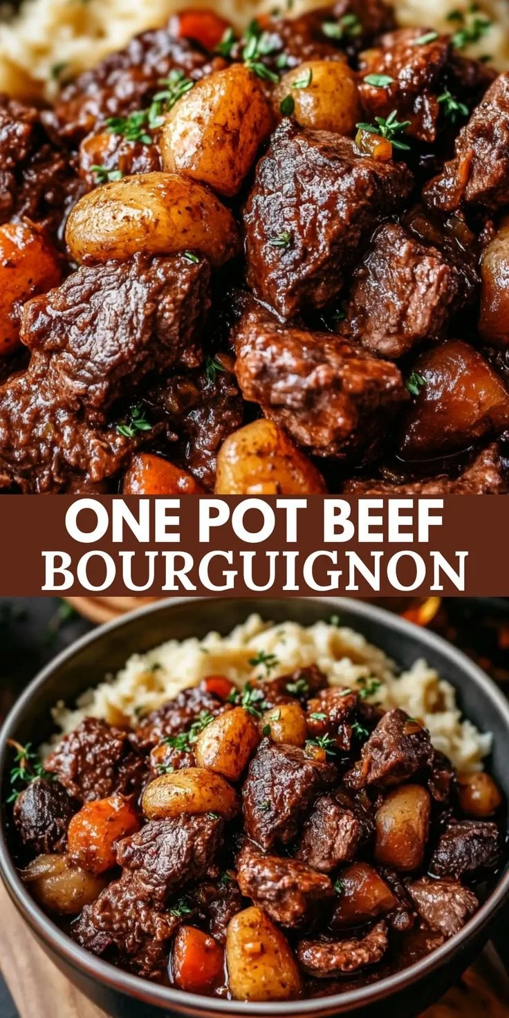 Delicious one pot beef bourguignon with tender meat and savory vegetables