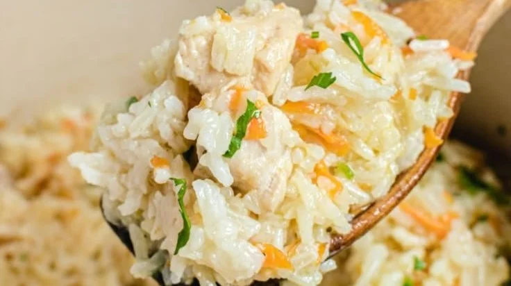 Delicious one pot chicken and rice meal served in a rustic dish.