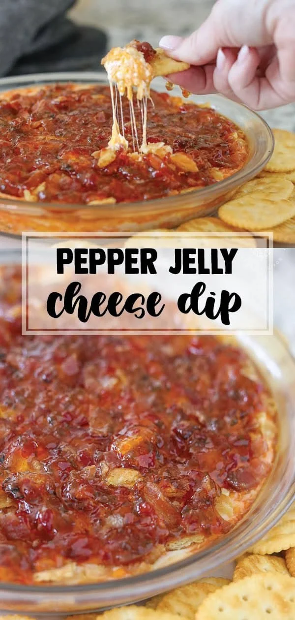 Pepper Jelly Cheese Dip served with crackers and vegetables on a platter