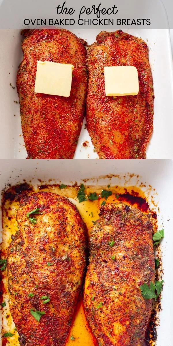 Juicy and tender oven baked chicken breast served on a plate.
