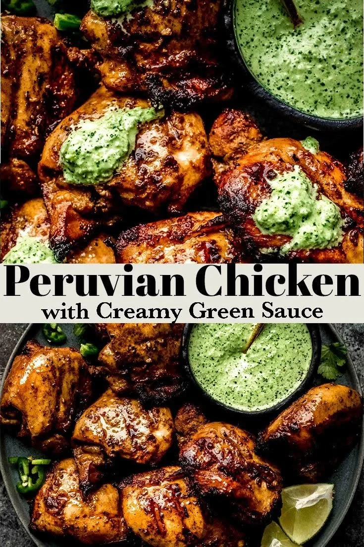 Delicious Peruvian Grilled Chicken served with creamy green sauce