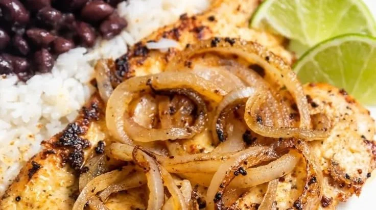 Delicious Pollo a la Plancha, easy griddled Cuban chicken breast on a plate.