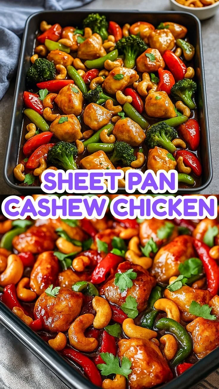Sheet Pan Cashew Chicken with vegetables on a baking tray