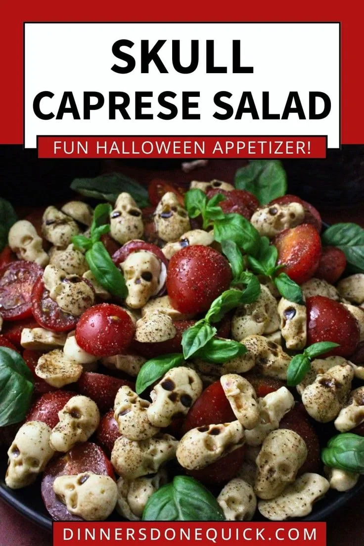Halloween-themed Skull Caprese Salad with fresh ingredients and spooky presentation