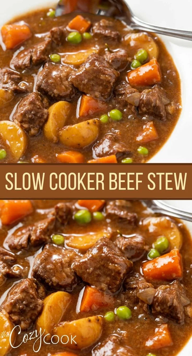 Bowl of slow cooker beef stew with vegetables and herbs