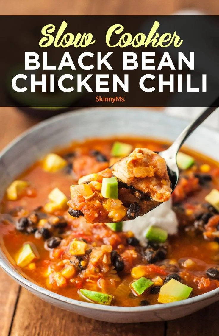 Slow cooker black bean chicken chili bowl topped with fresh cilantro