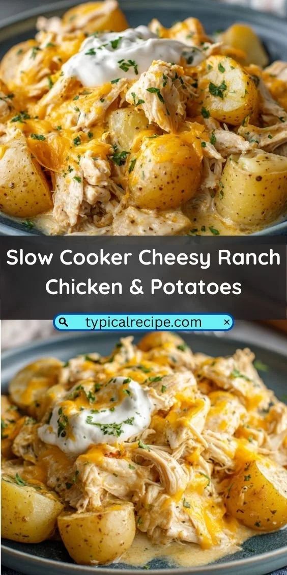 Slow Cooker Cheesy Ranch Chicken with Potatoes in a serving dish