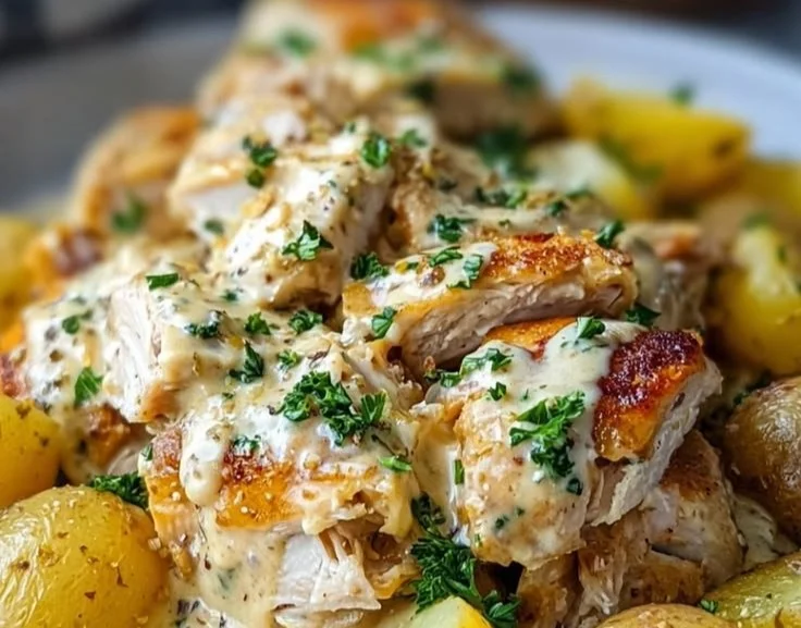 Slow cooker cheesy ranch chicken with potatoes in a bowl
