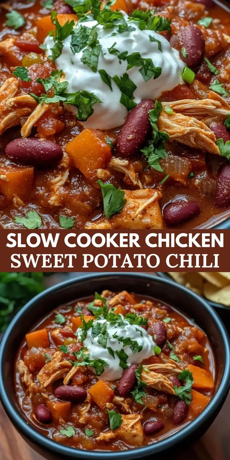Slow cooker chicken and sweet potato chili in a bowl, garnished with cilantro.