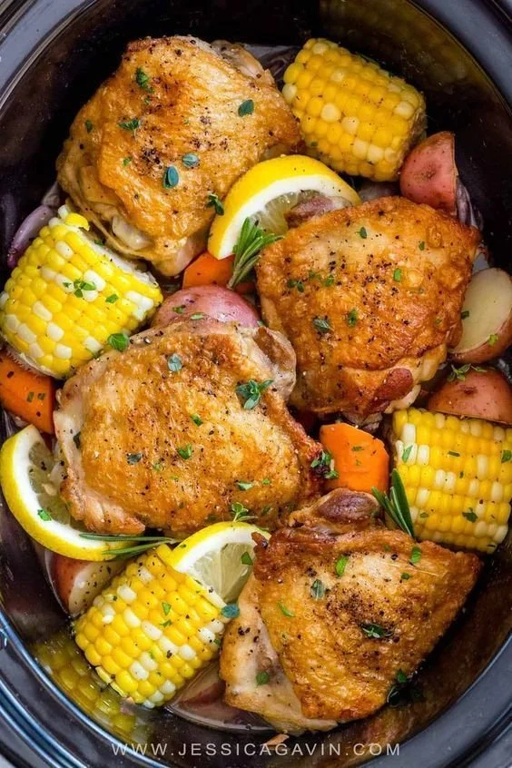 Slow Cooker Chicken Thighs with Hearty Vegetables dish served in a bowl