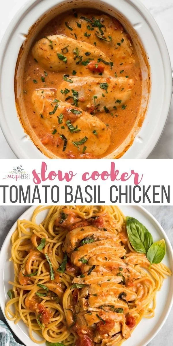 Delicious creamy tomato basil chicken cooked in a slow cooker.