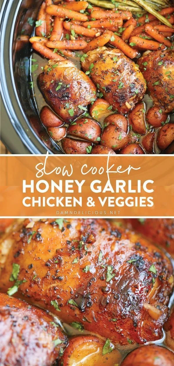 Slow cooker honey garlic chicken with colorful vegetables
