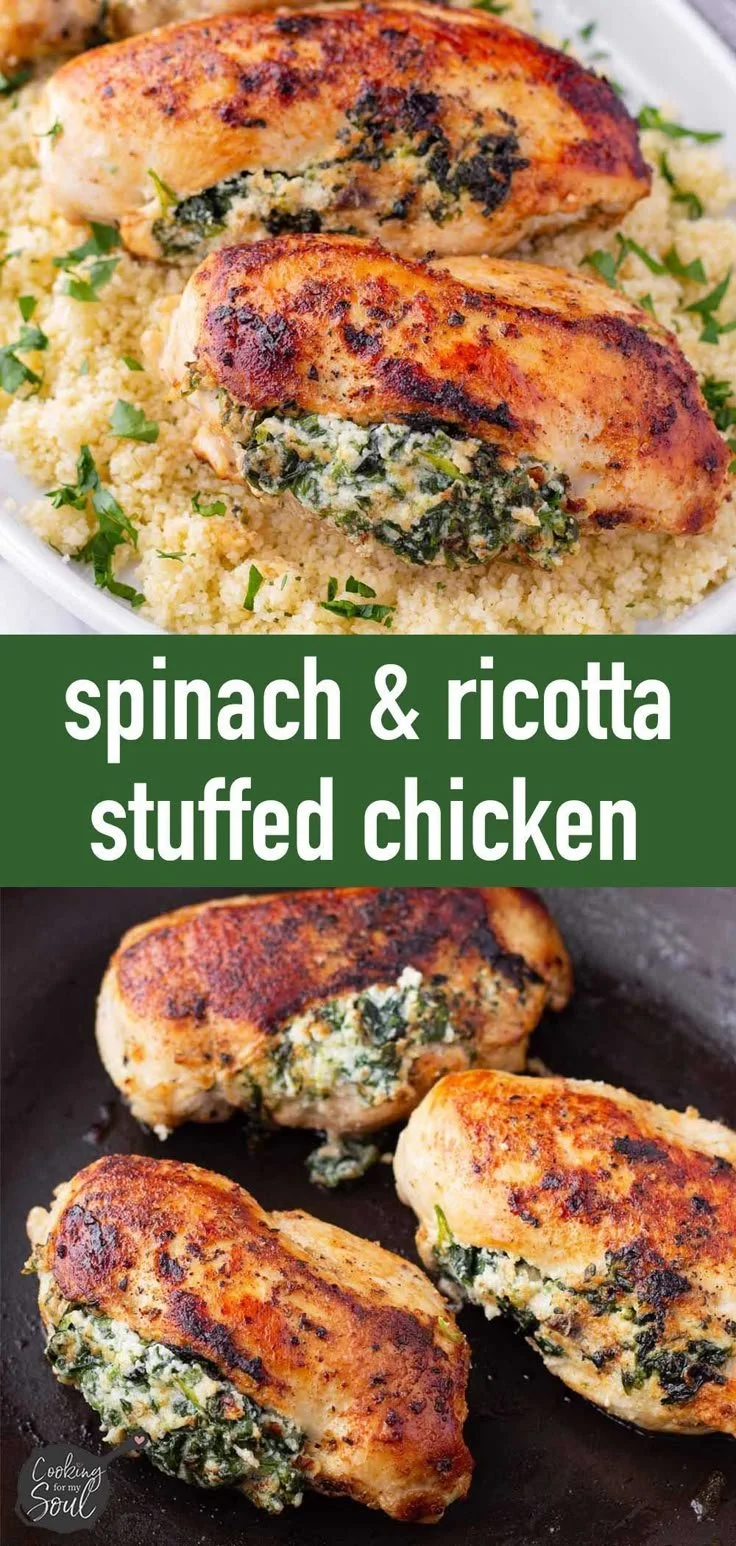 Delicious spinach stuffed chicken breast on a plate.