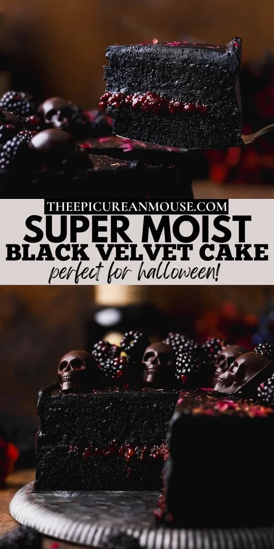 Spooky Black Velvet Halloween Cake decorated with eerie-themed accents