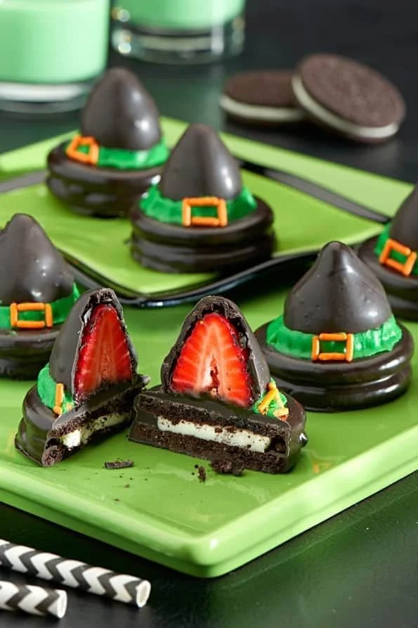 Spooky chocolate covered strawberries decorated for Halloween