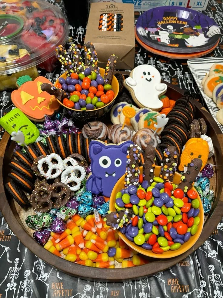 Creative spooky dessert board featuring Halloween-themed treats and decorations