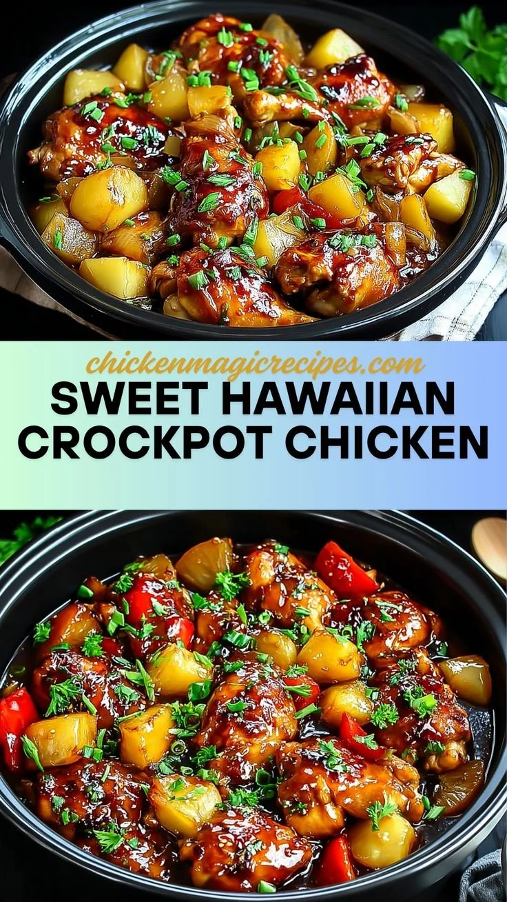 Sweet Hawaiian Crockpot Chicken dish featuring succulent Hawaiian Chicken.
