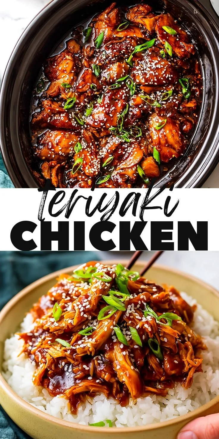 Tender slow cooker teriyaki chicken served with vegetables and rice