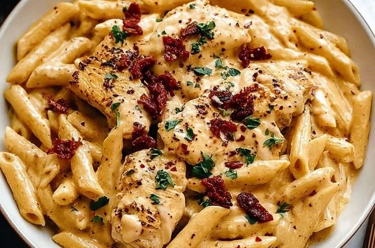 Delicious Marry Me Chicken Pasta served on a white plate with garnishing.