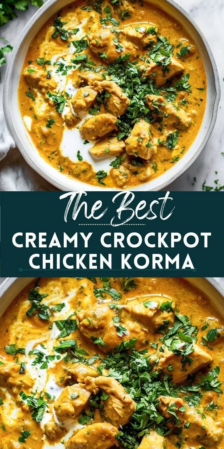 Slow cooker chicken korma served with rice and garnished with herbs
