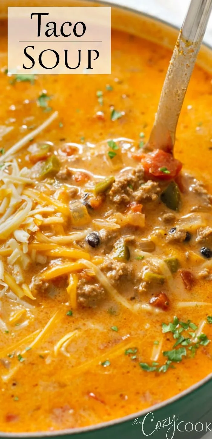Bowl of the BEST Taco Soup garnished with fresh toppings