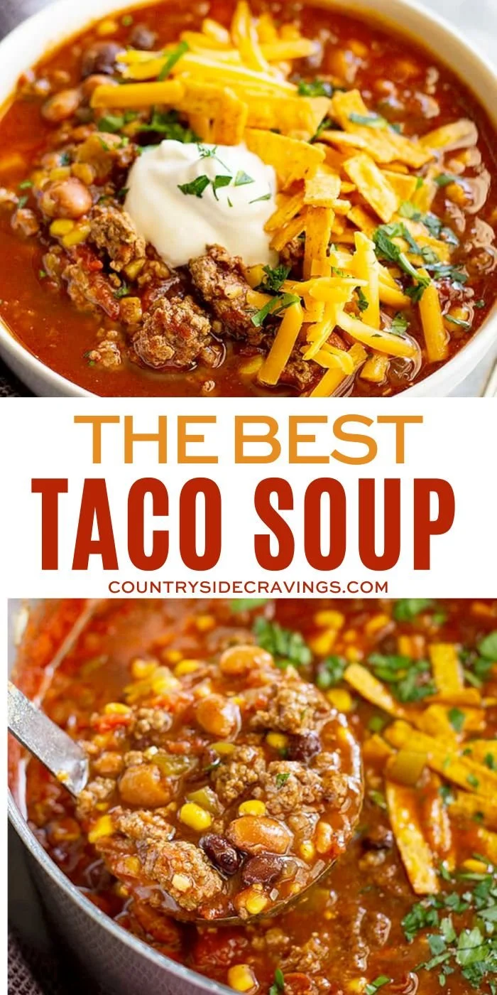 Delicious bowl of taco soup topped with cheese and avocado, ready to serve