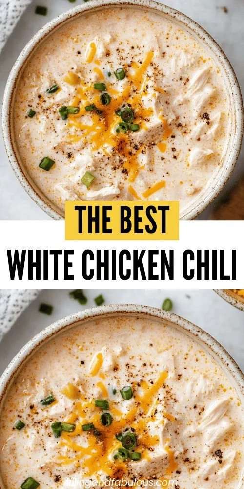 Bowl of the BEST White Chicken Chili with fresh toppings