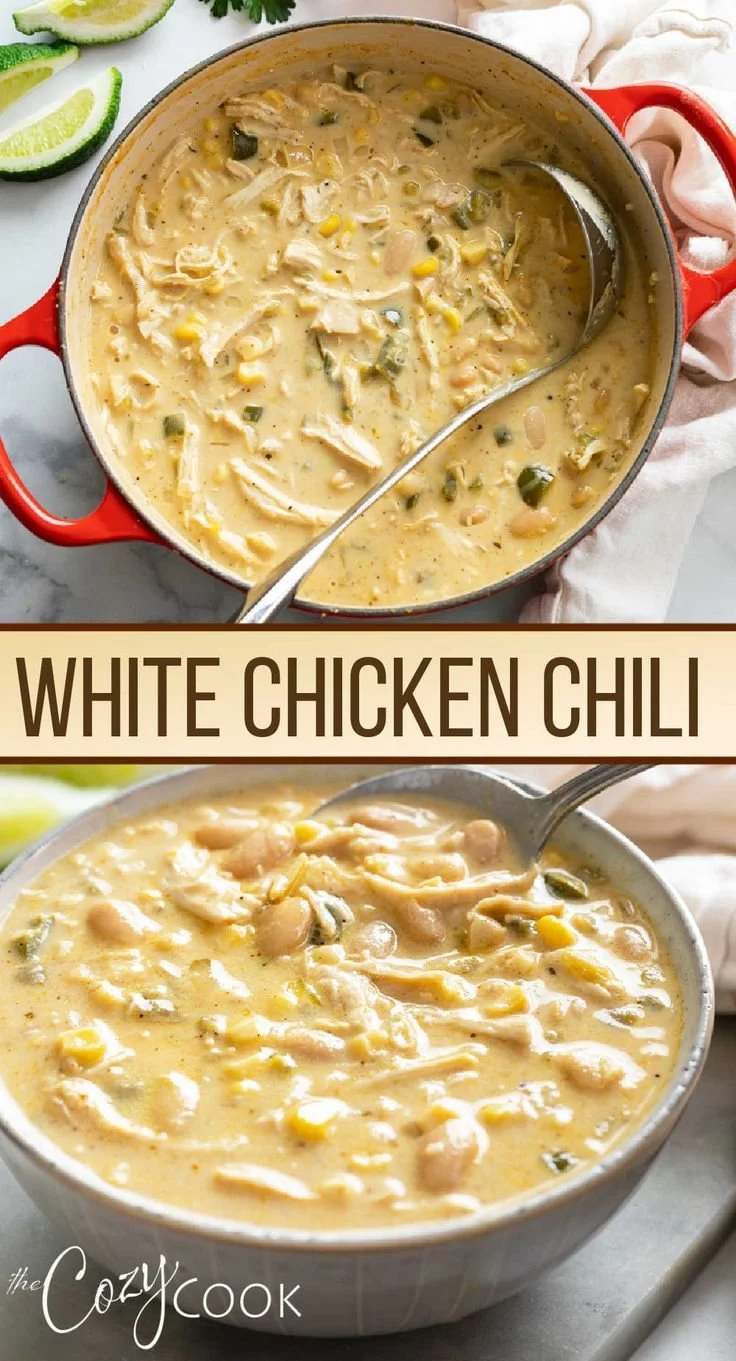 Bowl of white chicken chili topped with cilantro and lime slices