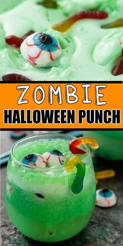 Delicious Zombie Halloween Punch in a spooky glass with Halloween decorations
