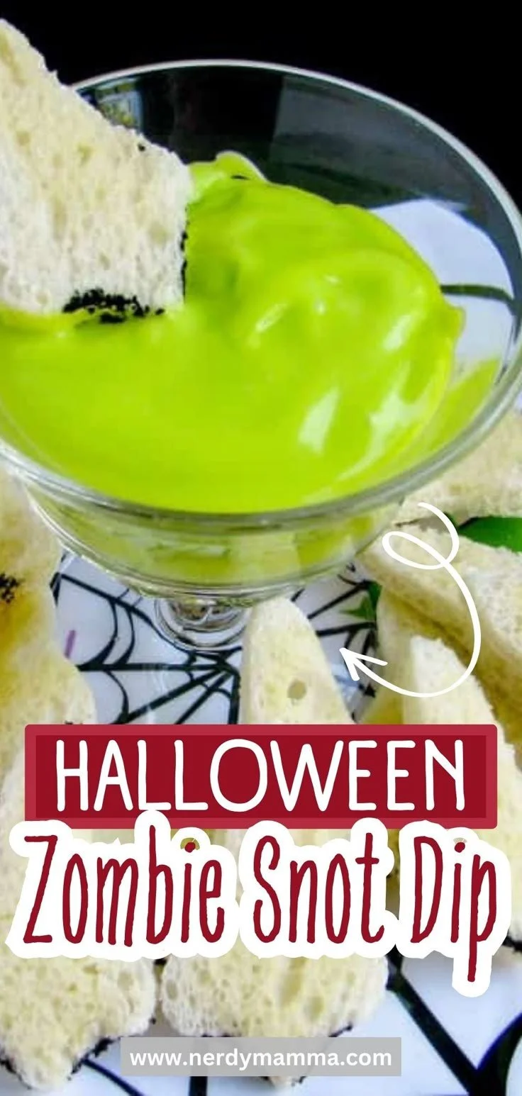 A spooky bowl of Zombie Snot Dip, perfect for Halloween parties.
